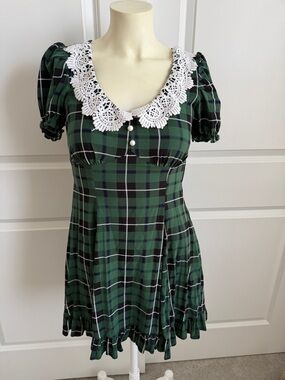 Y2K Green Plaid Babydoll Dress with Lace Collar | Cottagecore Grunge Mini XS